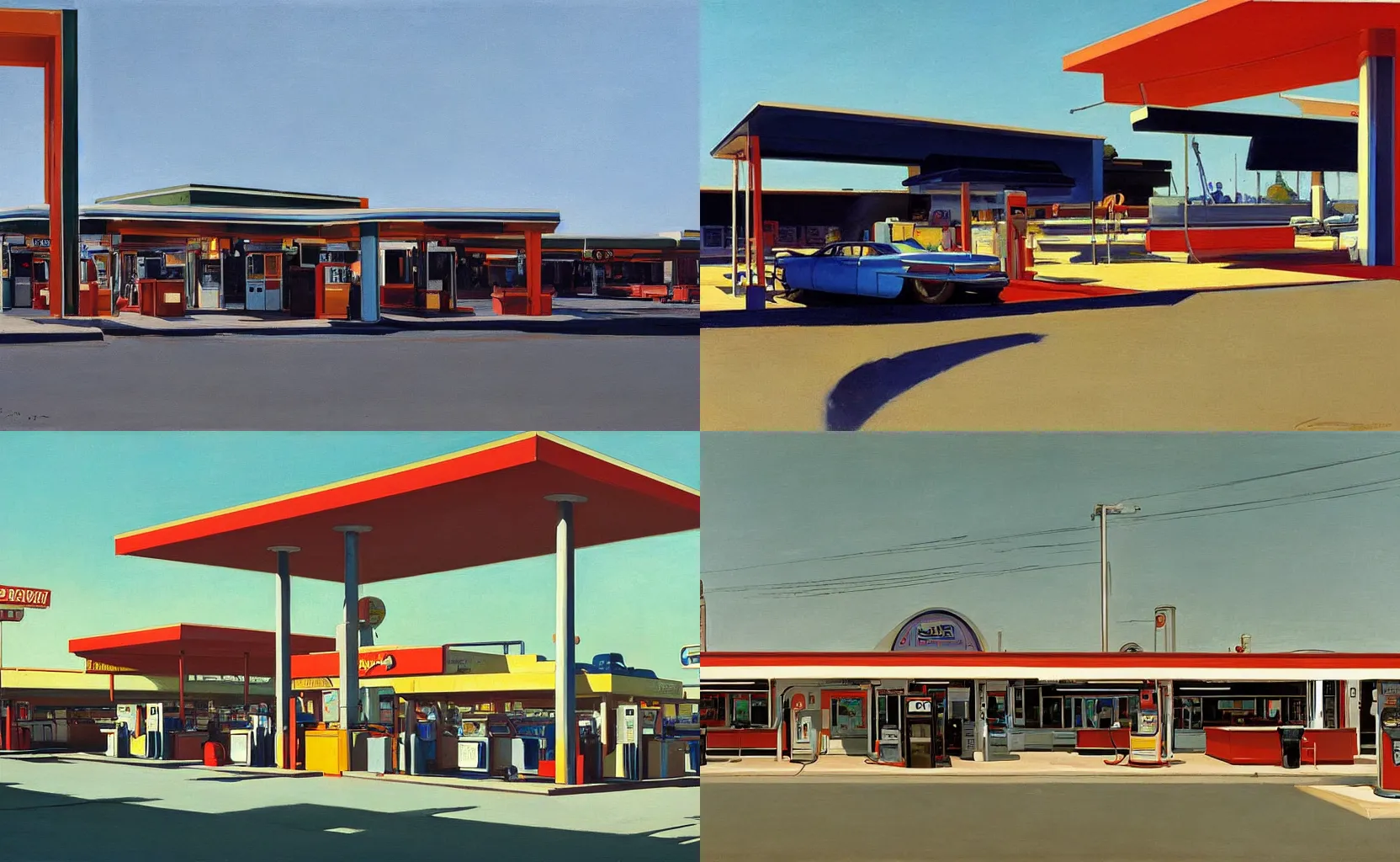 Prompt: the exterior of a greasy gas station, painting by Syd Mead and Edward Hopper