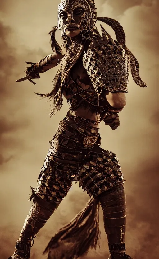 Image similar to fighting tribeswoman, destroyed Aztec jaguar armor,vertical composition, destroyed armor, inspired by monster hunter and westerns, muscular body, clean beautiful symmetrical face, subtle make up, epic,dramatic lighting, cinematic, establishing shot, extremely high detail, photorealistic, leather, cinematic lighting, artstation, octane render, western,old photo, vintage