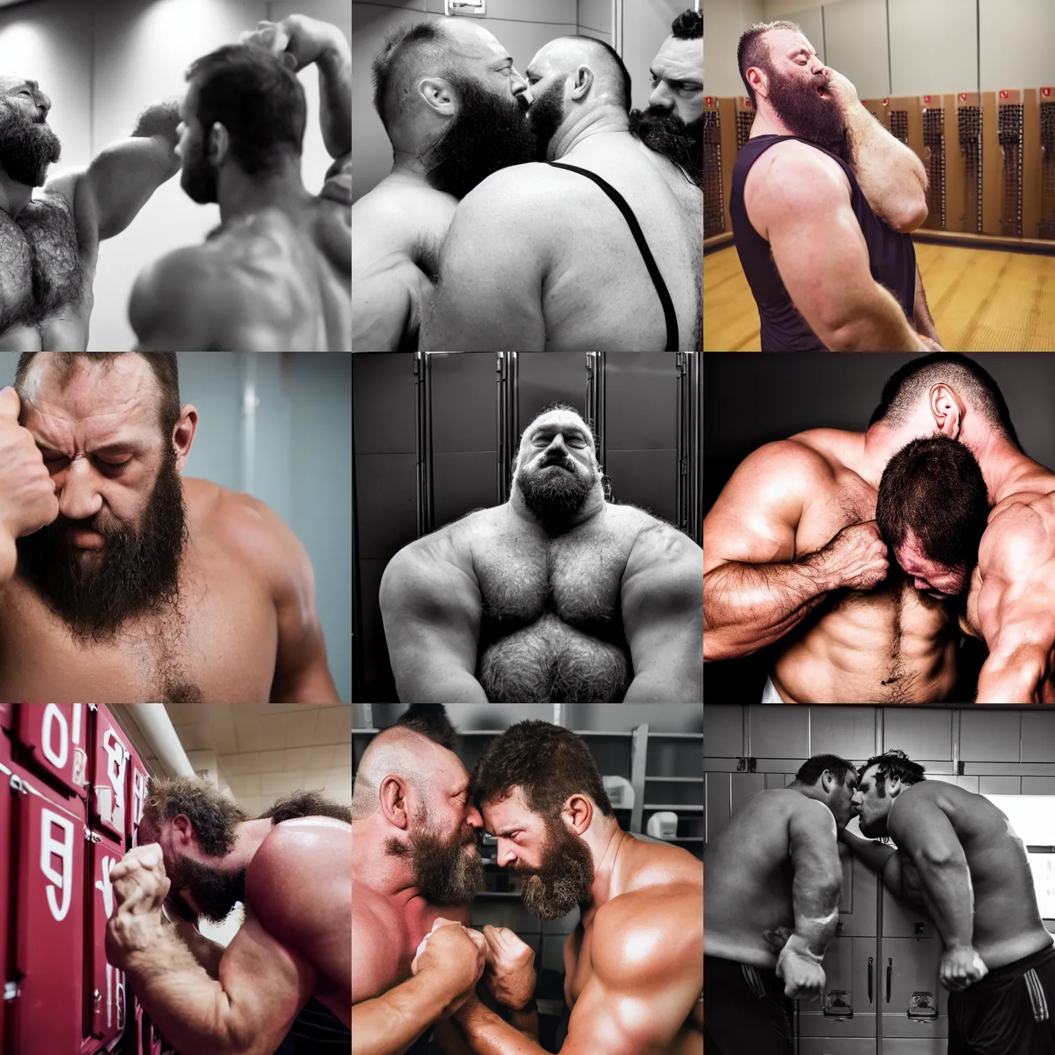 Prompt: sweaty hairy big strongmen kissing their biceps in the locker room, photography