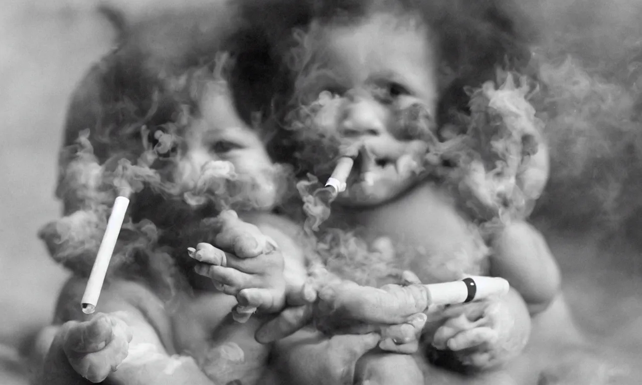 Prompt: a photograph of a baby smoking a bong