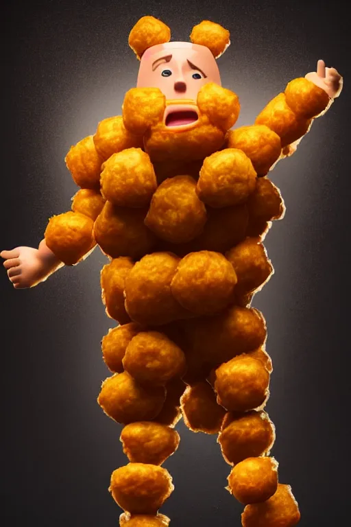 Image similar to channing tatum in a tater tot costume, tater tot face, ef 8 5 mm f 1. 8 usm, bionic scifi alexandre ferra, hyper detailed, digital art, trending in artstation, cinematic lighting, studio quality, smooth render, unreal engine 5 rendered, octane rendered