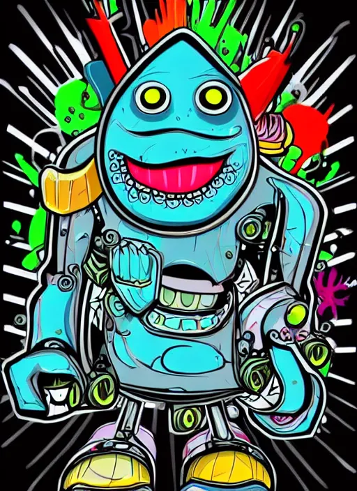 Image similar to beautiful graffiti monsters with a tank turret for arm and black frame door in side on black background paper