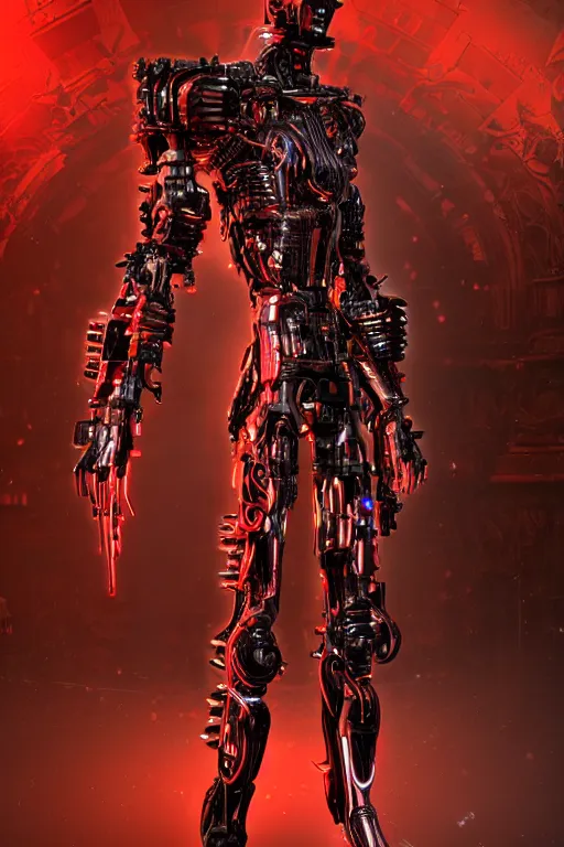 Image similar to full-body cyberpunk style sculpture of a young handsome dark god of battle, half android with a head opening exposing circuitry, glowing red eyes, black roses, flowing blood-red colored silk, fabric, candles. baroque elements, genetically augmented cyborg male. full-length view. baroque element. intricate artwork by caravaggio. Trending on artstation, octane render, cinematic lighting from the right, hyper realism, octane render, 8k, depth of field, 3D