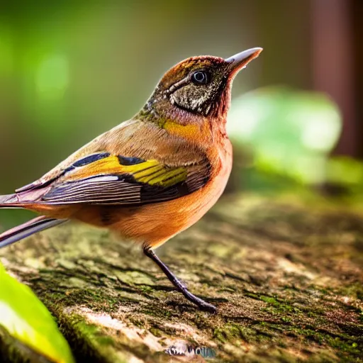 Prompt: super macro of a bird, in the forest. Fantasy magic style. Highly detailed 8k. Intricate. Nikon d850 300mm. Award winning photography.