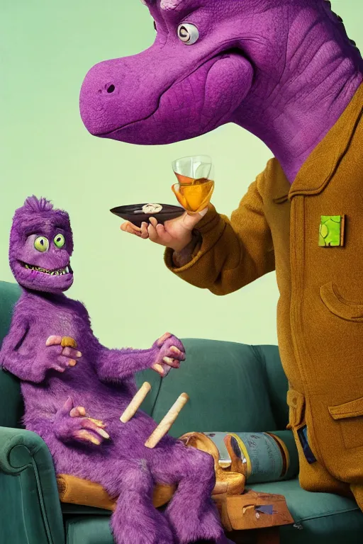 Image similar to still from kids tv show, retired barney the dinosaur, sitting in a lounge, sipping whiskey and smoking a cigar, oil on canvas, intricate, portrait, 8 k highly professionally detailed, hdr, cgsociety