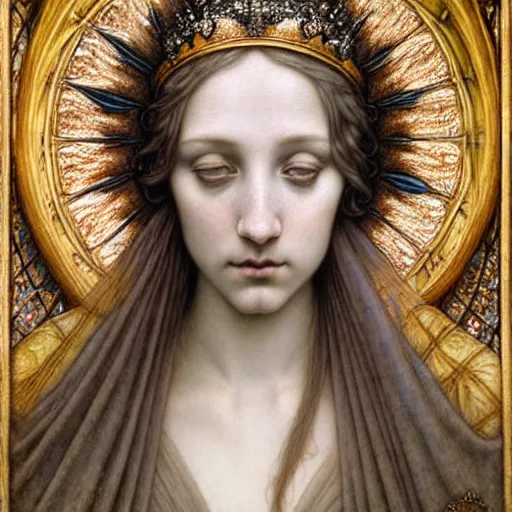 Image similar to detailed realistic beautiful young medieval queen face portrait by jean delville, tom bagshaw, brooke shaden, gustave dore and marco mazzoni, art nouveau, symbolist, visionary, gothic, pre - raphaelite, ornate gilded medieval icon, surreality, ethereal, unearthly, haunting, celestial, neo - gothic, ghostly, memento mori, nightmare, medium shot