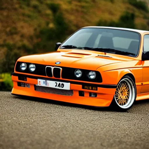 Prompt: orange bmw e 3 0 m 3 floating in space