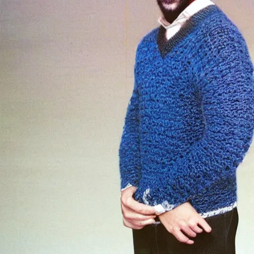 Prompt: a hand knit wool sweater with an keanu reeves face pattern