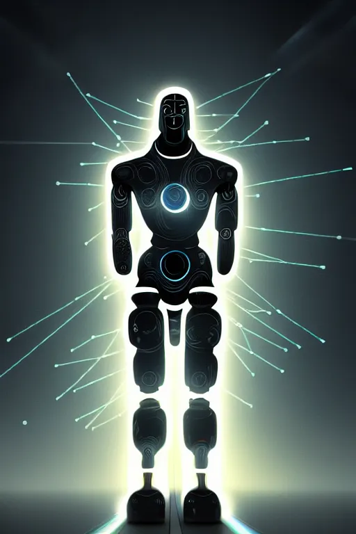 Image similar to god of artificial intelligence comes to save us as jesus christ robot, threads of light in the background, extremely high quality artwork, very detailed, obscured face, anthropomorphic silhouette, trending on artstation