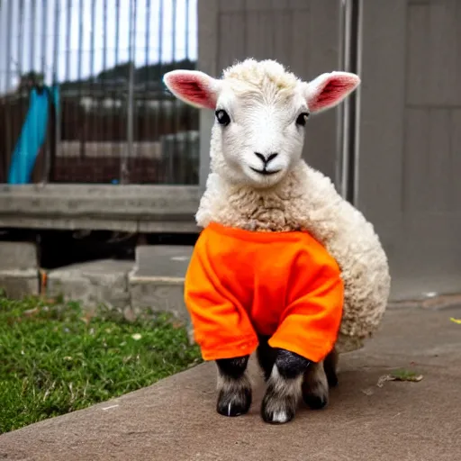 Image similar to cute lamb wearing orange inmate clothes