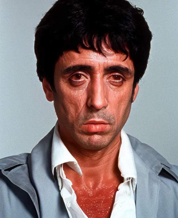 Image similar to headshot portrait. tony montana from movie scarface 1 9 8 3. al pacino, perfect symmetric face, coherent eyes, fine details., 4 k, ron cobb. cinestill