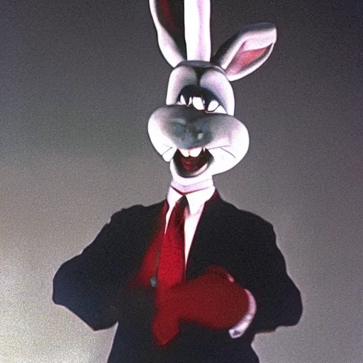Image similar to Film still photograph of Bugs Bunny (creepy hyper-realistic surreal horror) in Twin Peaks (1990)