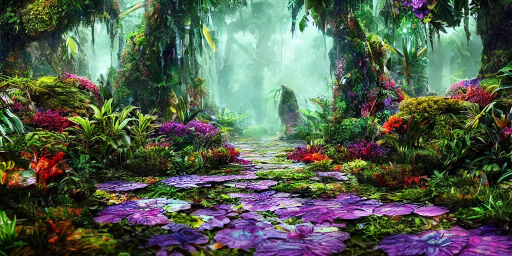 Image similar to An alien jungle, colorful flowers, pathway, reflection, rain, morning light, photorealistic, realistic, depth of field, temple ruins, high definition, soft light, high definition, detailed, 8k, artstation