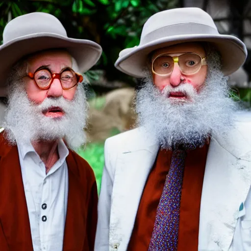 Image similar to UHD candid photo of two Rabbis with orange skin, accurate faces, UHD, photorealistic, correct faces, photo by Annie Leibowitz