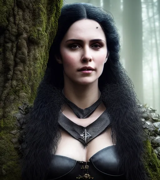 Prompt: 5 5 mm close up portrait photo of anya chalotra as yennefer of vengerberg in black leather armor and long black fluff hair, in a forest. magical atmosphere. art by greg rutkowski. lifelike. very detailed 8 k. intricate. soft light. nikon d 8 5 0.