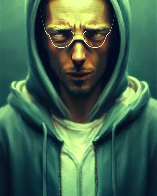 Image similar to tomorrowland, hyper - realistic portrait of a man in a hoodie, with detailed background, intricate, 4 k, by atey ghailan, by greg rutkowski, by greg tocchini, by james gilleard, by joe fenton, by kaethe butcher, dynamic lighting, lighting color scheme, sharp focus, grunge aesthetic