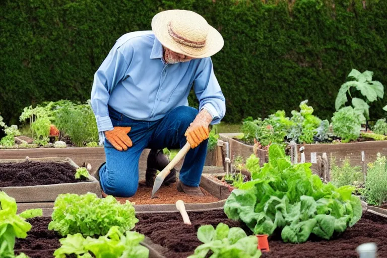 Prompt: sixty - year - old man wearing a straw hat and a long - sleeved shirt looking down to the ground ( face hidden ) kneeling beside a healthy luscious beautiful vegetable garden with gardening tool leaning by his side
