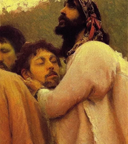 Prompt: high quality high detail painting by ilya repin, leaning towards jesus, hd