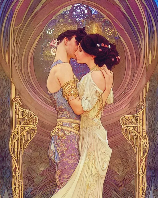 Image similar to the kiss | highly detailed | very intricate | art nouveau | gold filigree | romantic storybook fantasy | soft cinematic lighting | award - winning | disney watercolor illustration by mandy jurgens and alphonse mucha and alena aenami | pastel color palette | featured on artstation