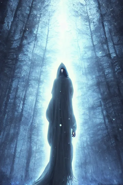 Prompt: a full body portrait of a mysterious goddess with a very long hooded cloak made of stars and clouds walking through a forest,, by maciej kuciara and jason chan and makoto shinkai and rodney matthews, ominous, auras, smoke, fire, embers, vapor, trending on artstation, ultra detailed, hyper realistic 4 k, volumetric light