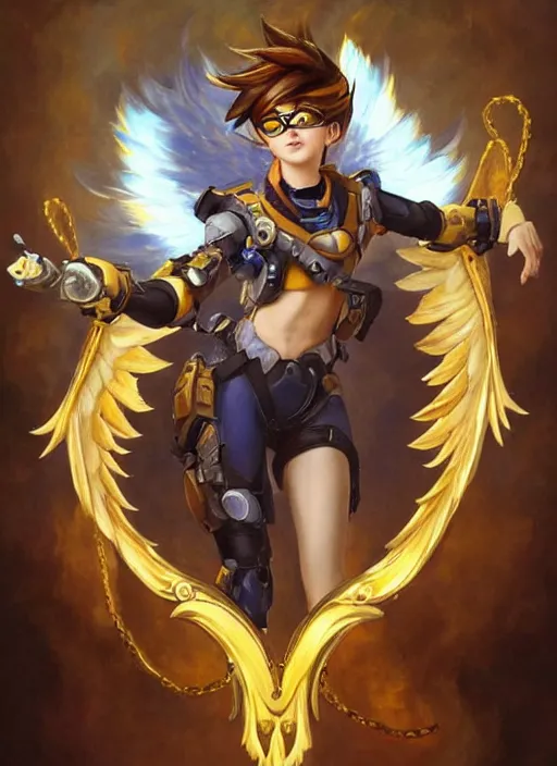 Image similar to full body oil painting of tracer overwatch in the style of sophie anderson, angel wings, angelic golden armor, dramatic painting, symmetrical composition, ornate, high detail, gold detailed collar, gold collar, gold choker, blooming, lights, flowers, detailed face,