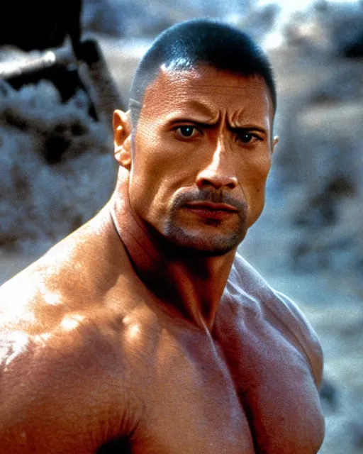 Image similar to film still close up shot of dwayne johnson in the movie mad max 2 the road warrior. photographic, photography