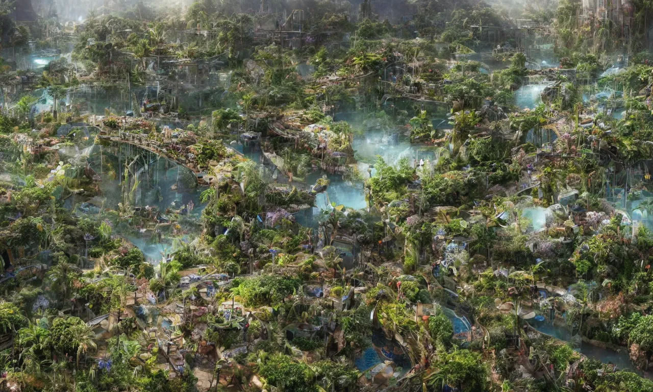 Image similar to solarpunk eco - city utopia, enchanted world, ancient nile winding river valley deep valley taken from 3 0 metres high, otherworldly, botanical garden, waterscape, overgrowing floral lush, glistening in the morning light, 8 k, cinematic shot, weta workshop, hyper realistic, cinematography by john boorman