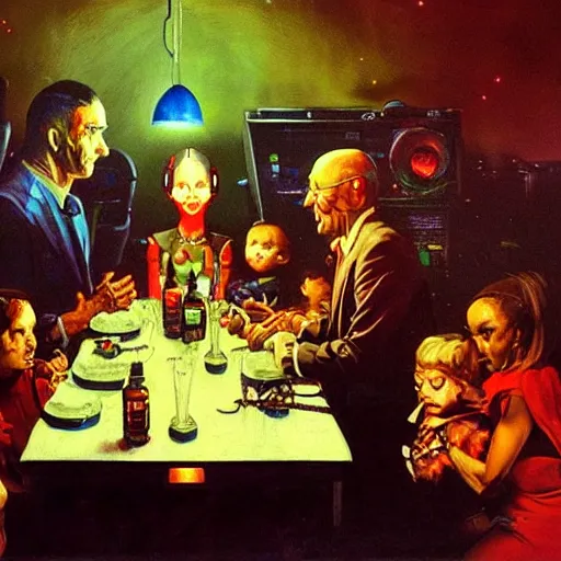 Image similar to a dark and colorful close - up of a sci - fi family dinner with led lights glowing fog in the background. highly detailed science fiction painting by norman rockwell, frank frazetta, and syd mead. rich colors, high contrast, gloomy atmosphere, dark background. trending on artstation