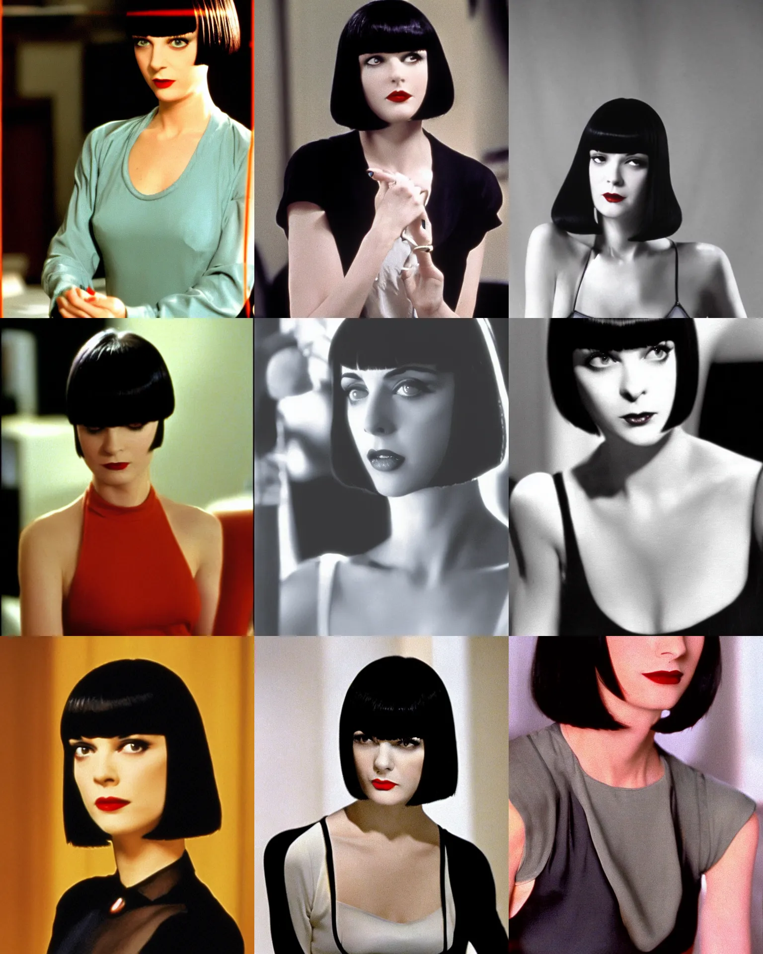 Image similar to mary louise brooks 2 5 years old as mia wallace, in pulp fiction 1 9 9 4, bob haircut, film still
