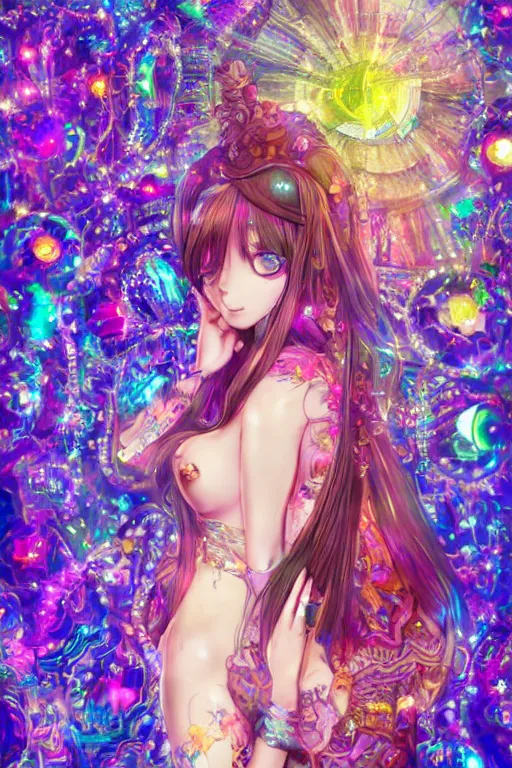 Image similar to acid trip, hall of mirrors, intricate, highly detailed, anime, 4k, a beautiful seductive deer woman holding a crystal containing the universe, with professional makeup, long trippy hair, surrounded by gems, underneath the stars, trending on patreon, deviantart, twitter, artstation, volumetric lighting, heavy contrast, by artgerm and Ilya Kuvshinov and alphonse mucha