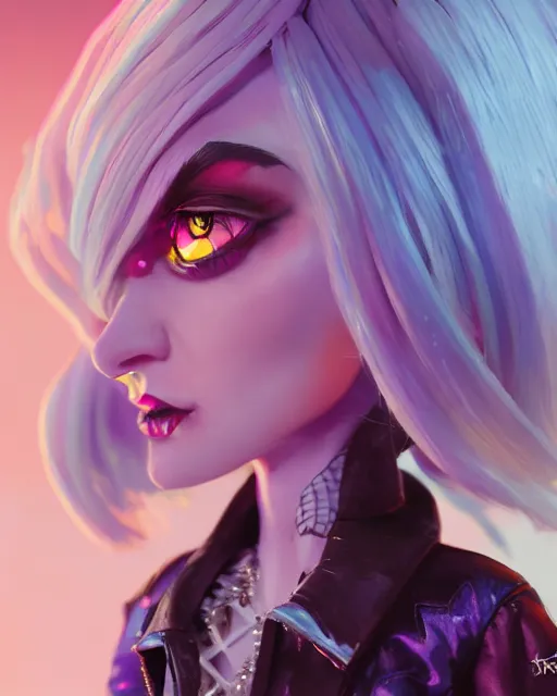 Image similar to portrait of monster high doll, stephen bliss, unreal engine, by greg rutkowski, loish, rhads, makoto shinkai and lois van baarle, ilya kuvshinov, rossdraws, global illumination, radiant light, detailed and intricate environment, pastel lighting