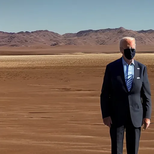 Prompt: a far away shot of Joe Biden standing in the middle of the desert