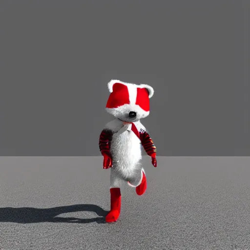 Prompt: a humanoid friendly badger walking on white background towards the camera, he‘s wearing a red neckerchief, clean digital render