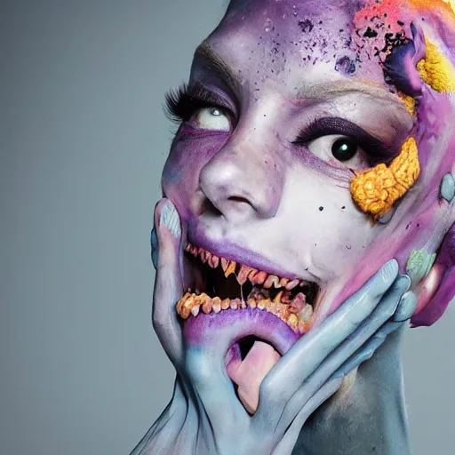 Prompt: runway fashion, beautiful model homunculus, infected by metamorphosis parasite, an ultrafine detailed painting by alberto seveso, partial transformation into extra eyeballs on body, teeth and tentacles, surprised, practical special effects, cyan blue magenta yellow, big smile, professional glamour makeup,