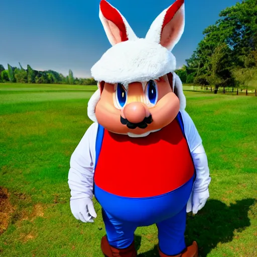 Prompt: big chungus in real life dressed like mario, super mario, big chungus, high resolution photo