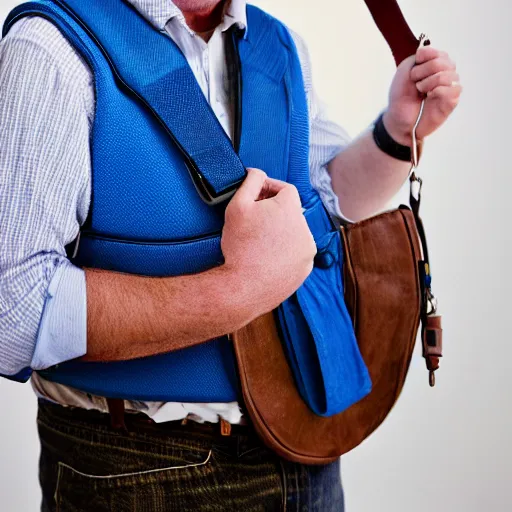 Image similar to close up headshot of a frowning clean shaven pudgy British lad with short curly dark brown hair as a hobbit wearing a white men's crossbody sling chest bag and blue vest, blue vest!! white crossbody chestbag!! high resolution film still, by Bruce Weber