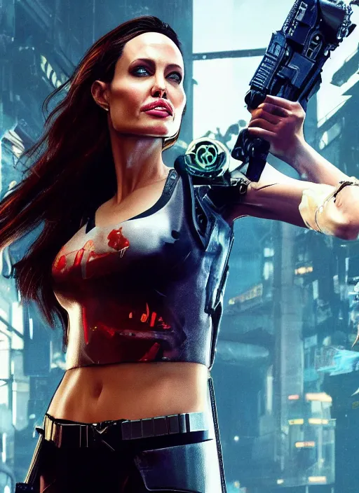 Image similar to film still of Angelina Jolie as Alt Cunningham in Cyberpunk 2077, gameplay, 8k, HD