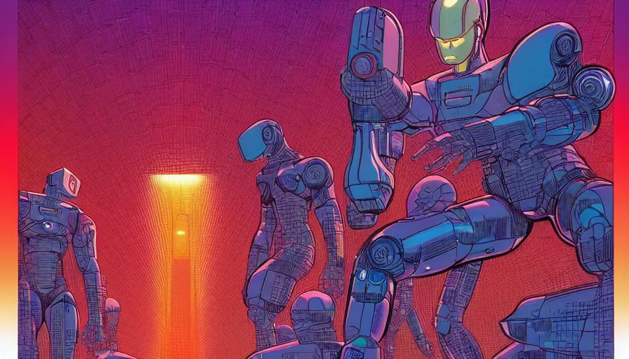 Image similar to the origine of cybertimes, metahumans and androids, fractals, cyberpunk, visual development by jean giraud and josan gonzales, dynamic lighting