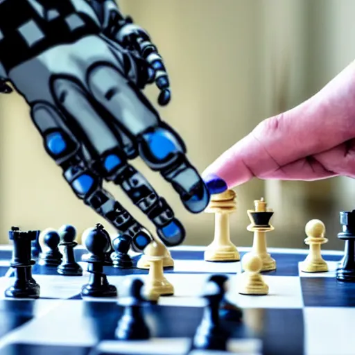 Image similar to photo of a robot hand grabbing and pinching a humans hand over a championship chess board