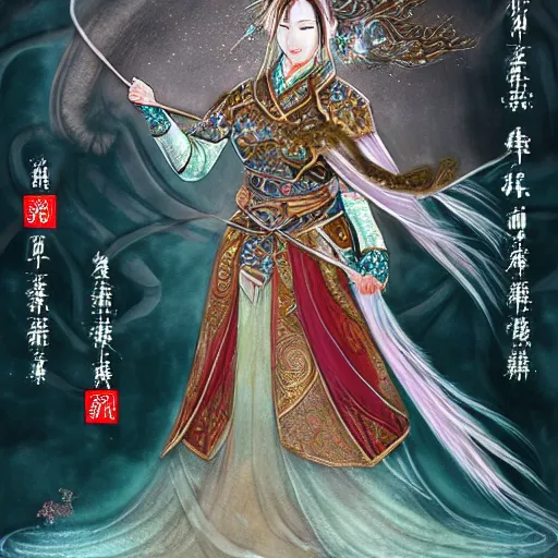 Image similar to beautiful ancient fantasy portrait of wuxia armor heroine, wearing Xian Xia wardrobe, in forbidden City, hybrid from Dynasty Warriror, flowers sea rainning everywhere, intricate, very very beautiful, elegant, highly detailed, digital painting, beautiful glowing galaxy eyes, human anatomy, hyperrealistic, soft light, dynamic, artbreeder, artstation, fantasy concept art, smooth, sharp focus, illustration, art by tian zi and alphonse mucha and WLOP