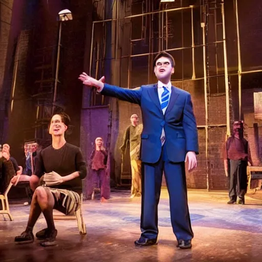 Image similar to award winning Production photo of Ben Shapiro the musical on broadway, dancing, singing, costumes by Julie Taymor, set design by Julie Taymor