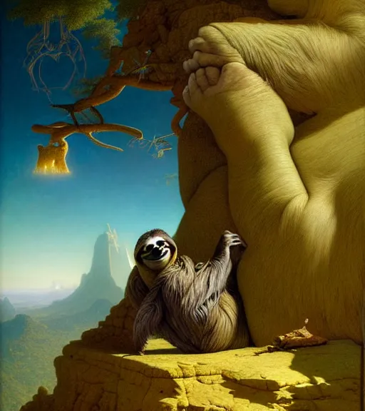 Prompt: a sloth regretting its life choices by albert bierstadt and mœbius and peter mohrbacher, hyperrealism, highly detailed, intricate details