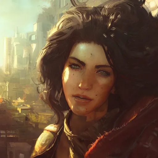 Prompt: fallout 5, charismatic beautiful rugged brunette female protagonist, portrait, outdoors tropical cityscape, atmospheric lighting, painted, intricate, volumetric lighting, beautiful, daytime, sunny weather, few clouds, sharp focus, deep colours, ultra detailed, art by krenz cushart and wenjun lin