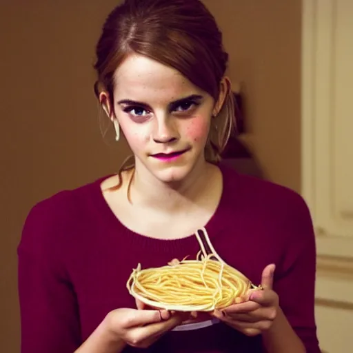 Image similar to Emma Watson eating too much spaghetti