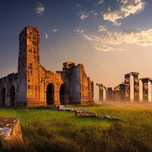 Image similar to an ancient sanctuary made of stone, abandoned, with big towers, white birds flying in the distance, vegetation covering parts of it, golden hour, mist