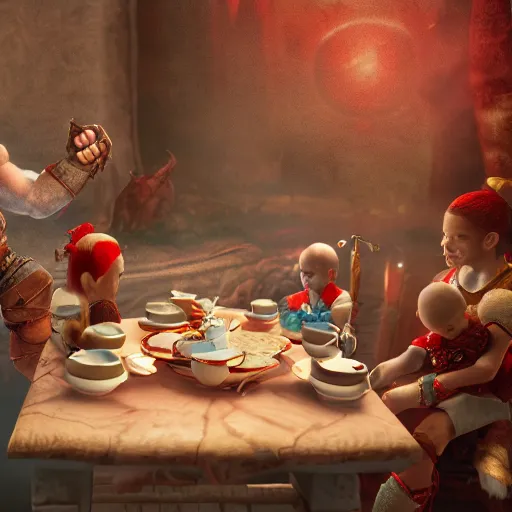 Image similar to god of war having a tea party with little kids, digital painting, 3 d, octane render, accurate