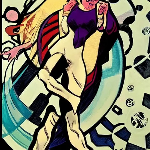 Image similar to a stoic heroic butch blonde emotionless woman, with very short slicked - back hair. she is dressed as an atompunk space hero. well composed, clean elegant painting, beautiful detailed face. comic book art by steve ditko and jack kirby and ( alphonse mucha )