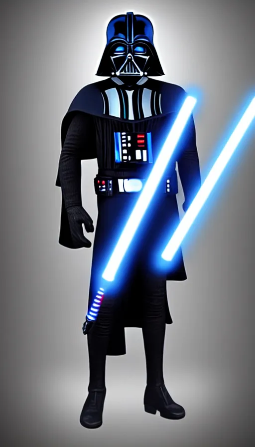 Prompt: A blue Darth Vader suit holding a blue lightsaber, 4k, dark background, 3d, full body,