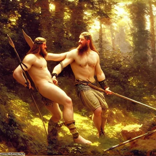 Image similar to 2 attractive male vikings frolicking in the forest. highly detailed painting by gaston bussiere, craig mullins, j. c. leyendecker, 8 k