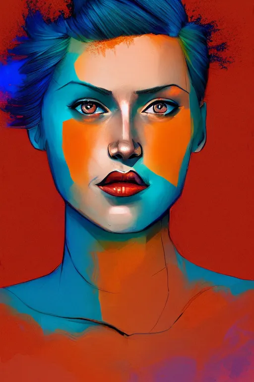 Image similar to a award winning half body portrait of a beautiful caucasian woman in a croptop and cargo pants with ombre orange blue teal hairstyle with head in motion and hair flying by martine johanna and will eisner, outrun, vaporware, digital art, trending on artstation, highly detailed, fine detail, intricate